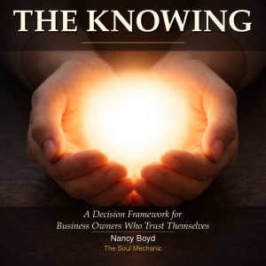 hands cupping a glowing orb with the words The Knowing and books title